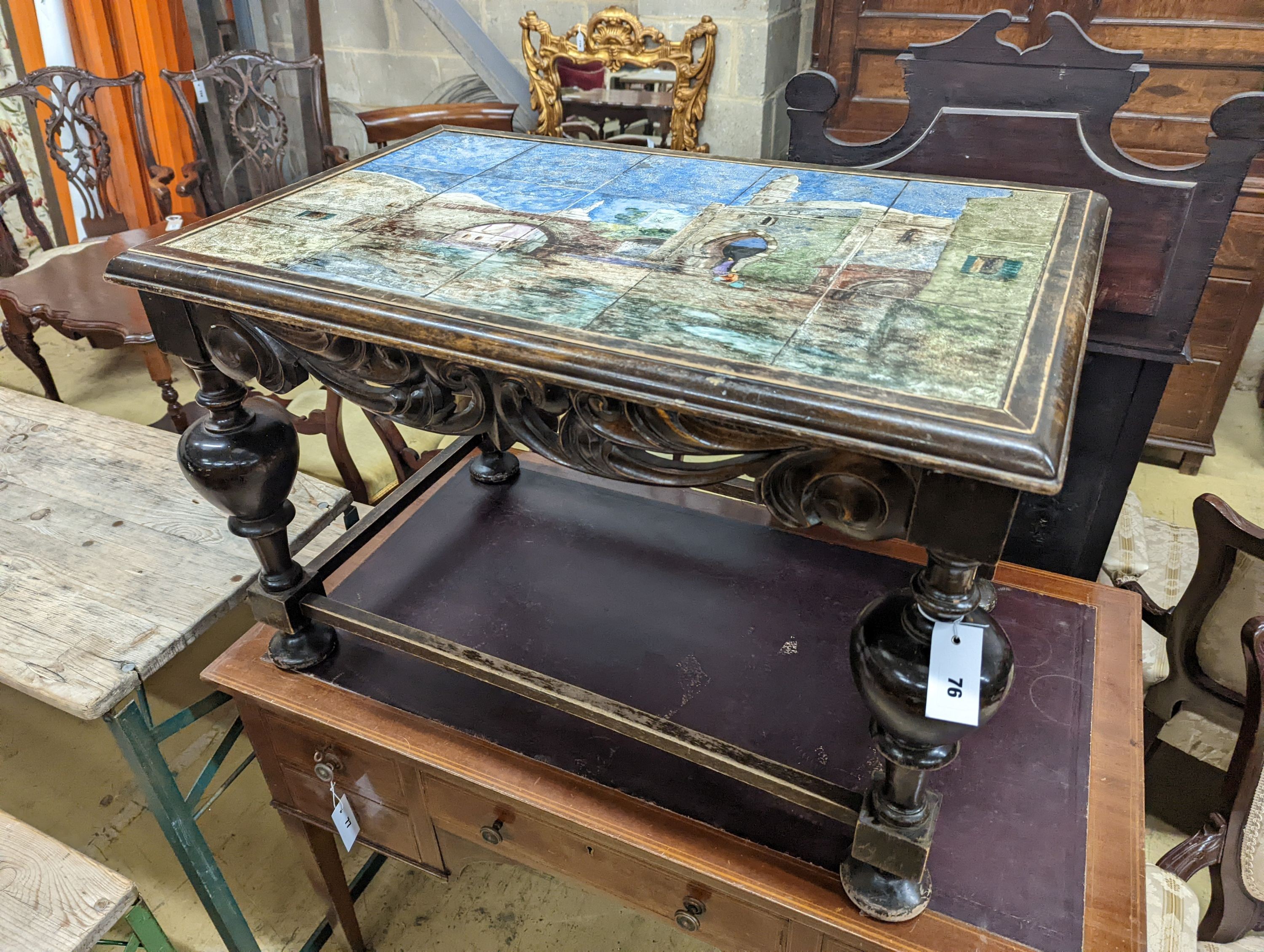A 17th century style rectangular beech tile topped occasional table, width 85cm, depth 54cm, height 55cm